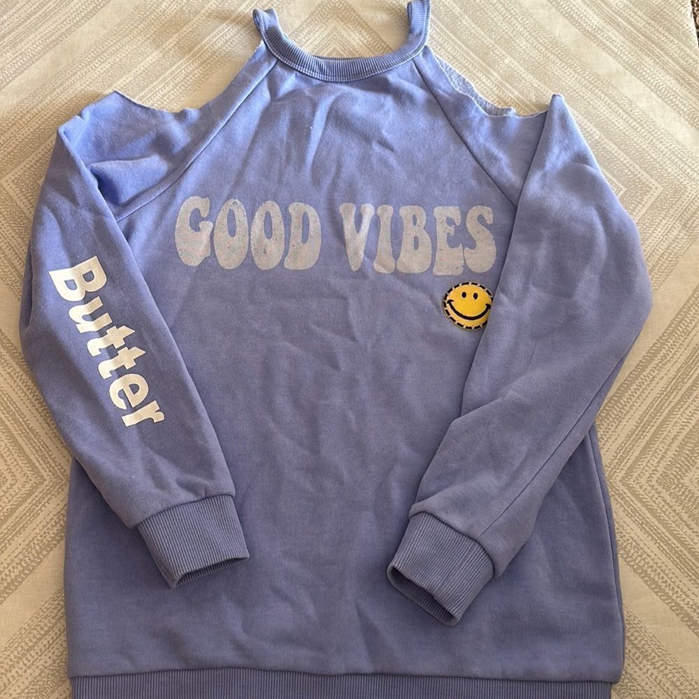 Butter Girls Blue/Purple Cold Shoulder ‘Good Vibes’ Sweatshirt